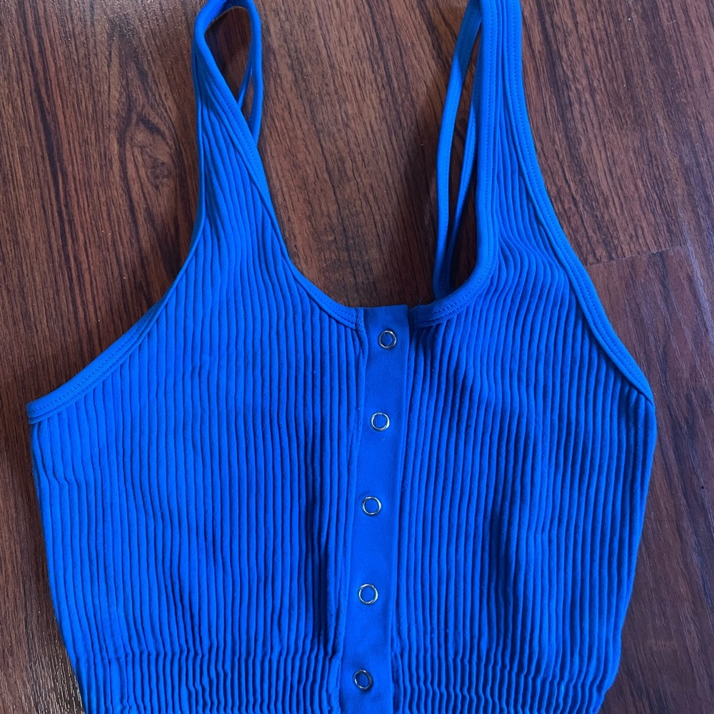Aerie Blue Ribbed Buttoned Crop Top